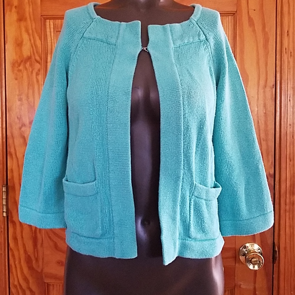 Talbots Petite Cardigan 3/4 Sleeve Blue/Greenish